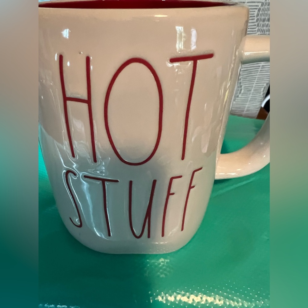 Rae Dunn mug‎ white with black “HOT STUFF” letters and red inside of mug